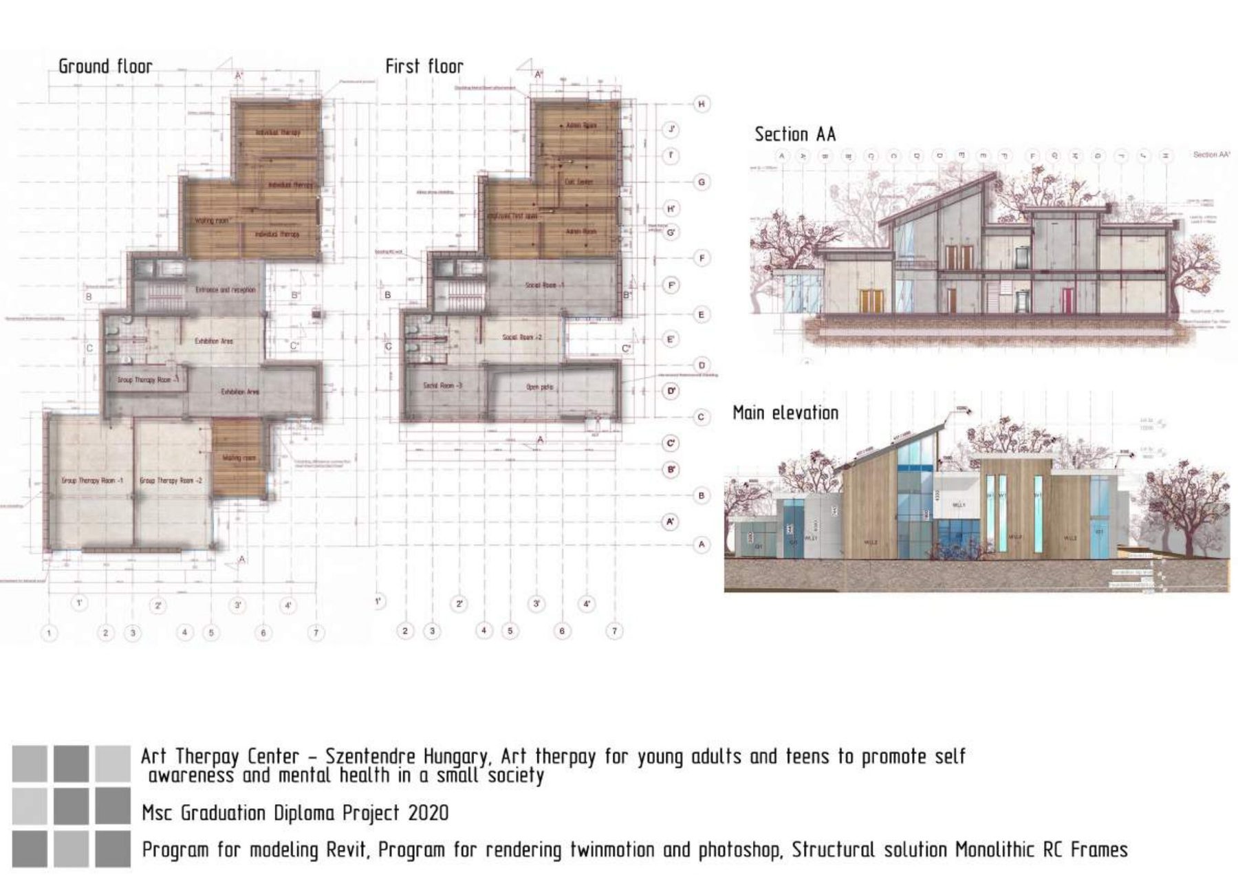 Art Therapy Center ground and first floor plans, sections