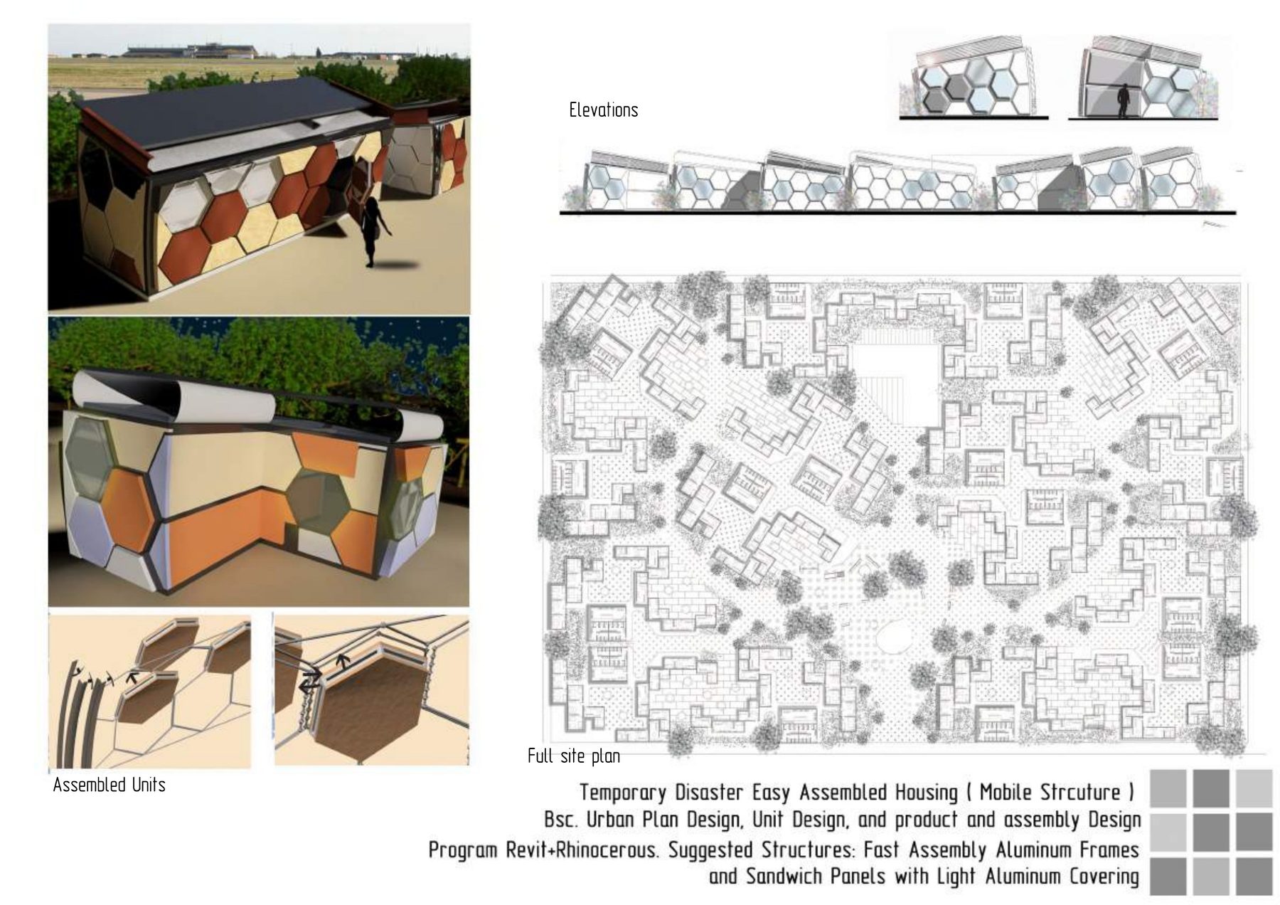 Temporary disaster housing units, elevations and site plan