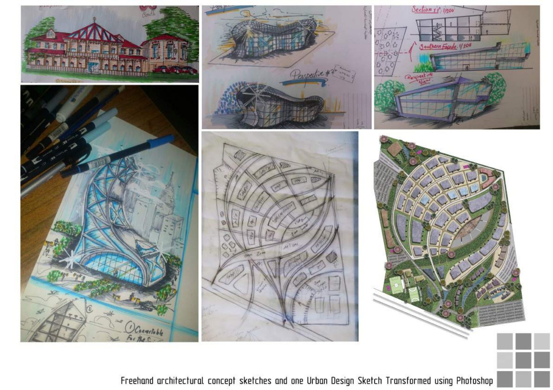Freehand architectural concept sketches