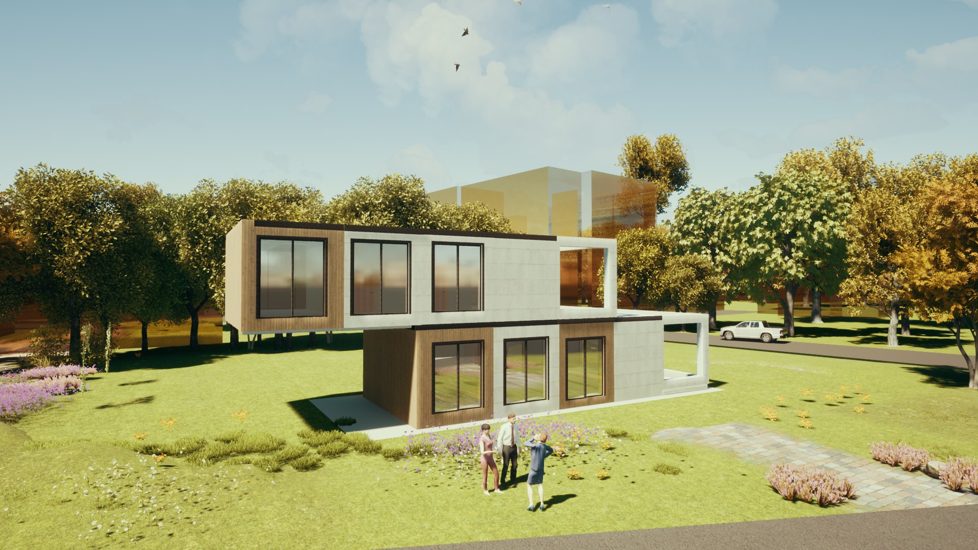 Elevated modern house render with garden and visitors