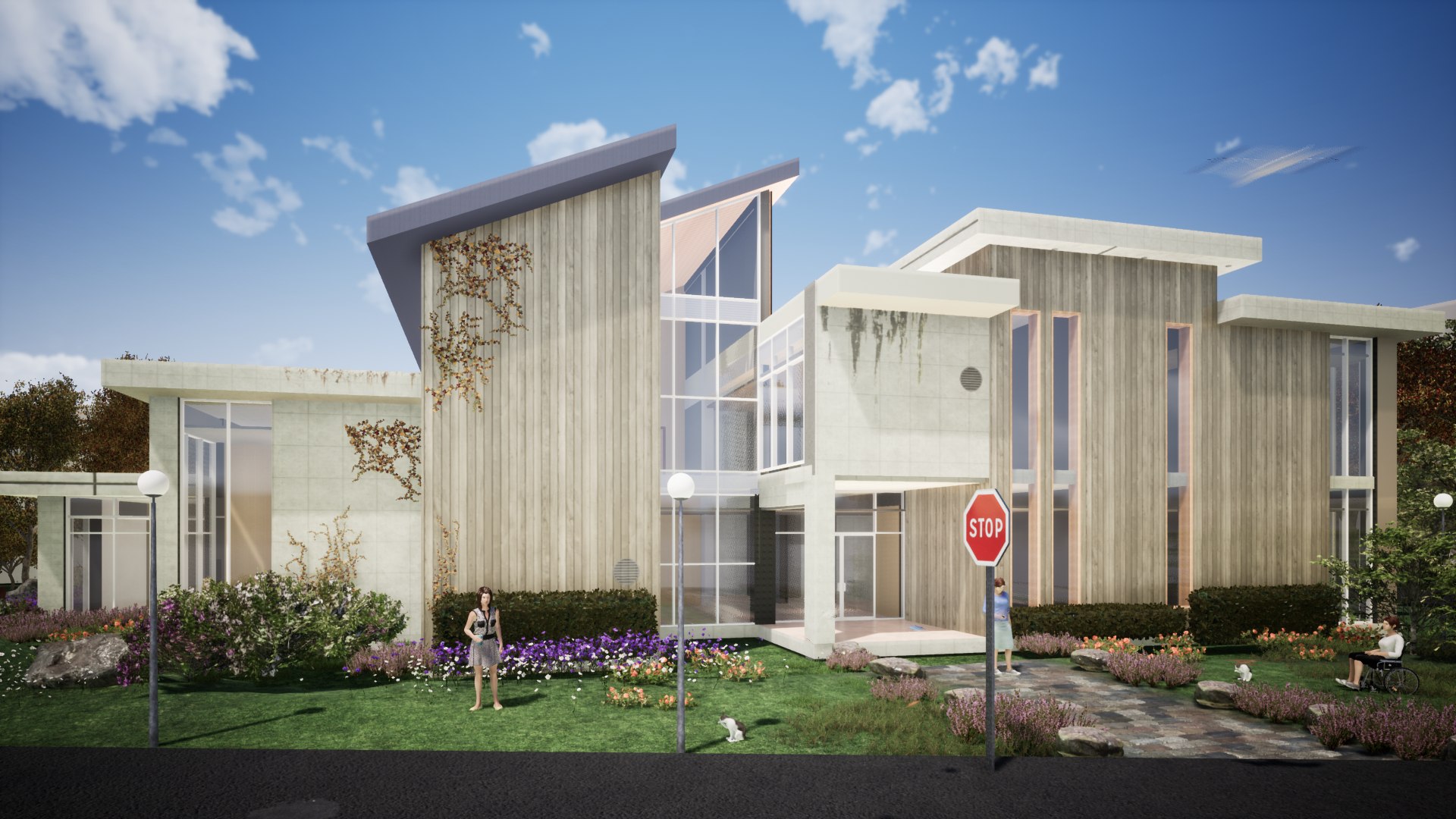 Modern timber-clad house render facade, close angle, clear sky