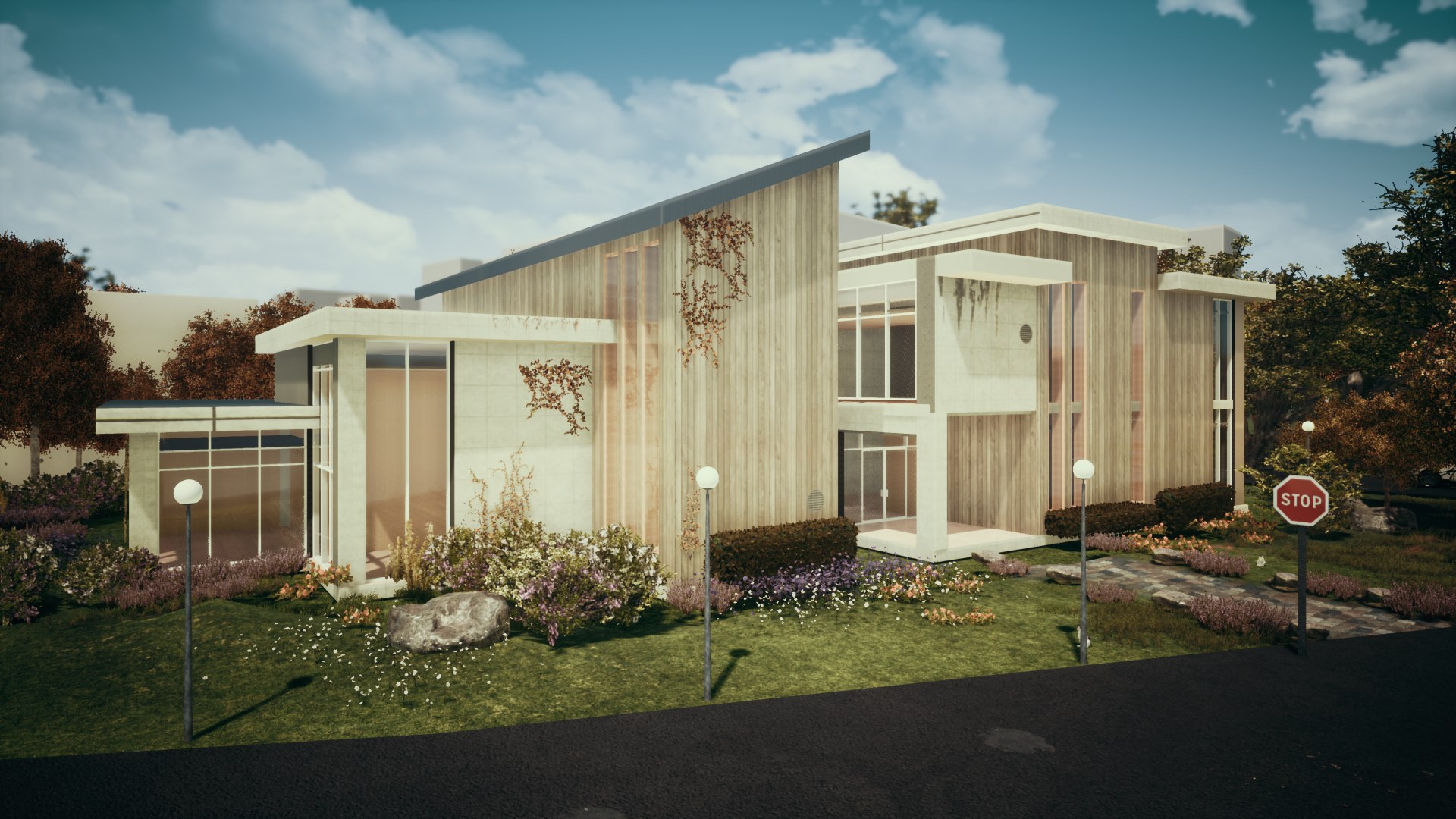 Modern timber-clad house render in clear daylight