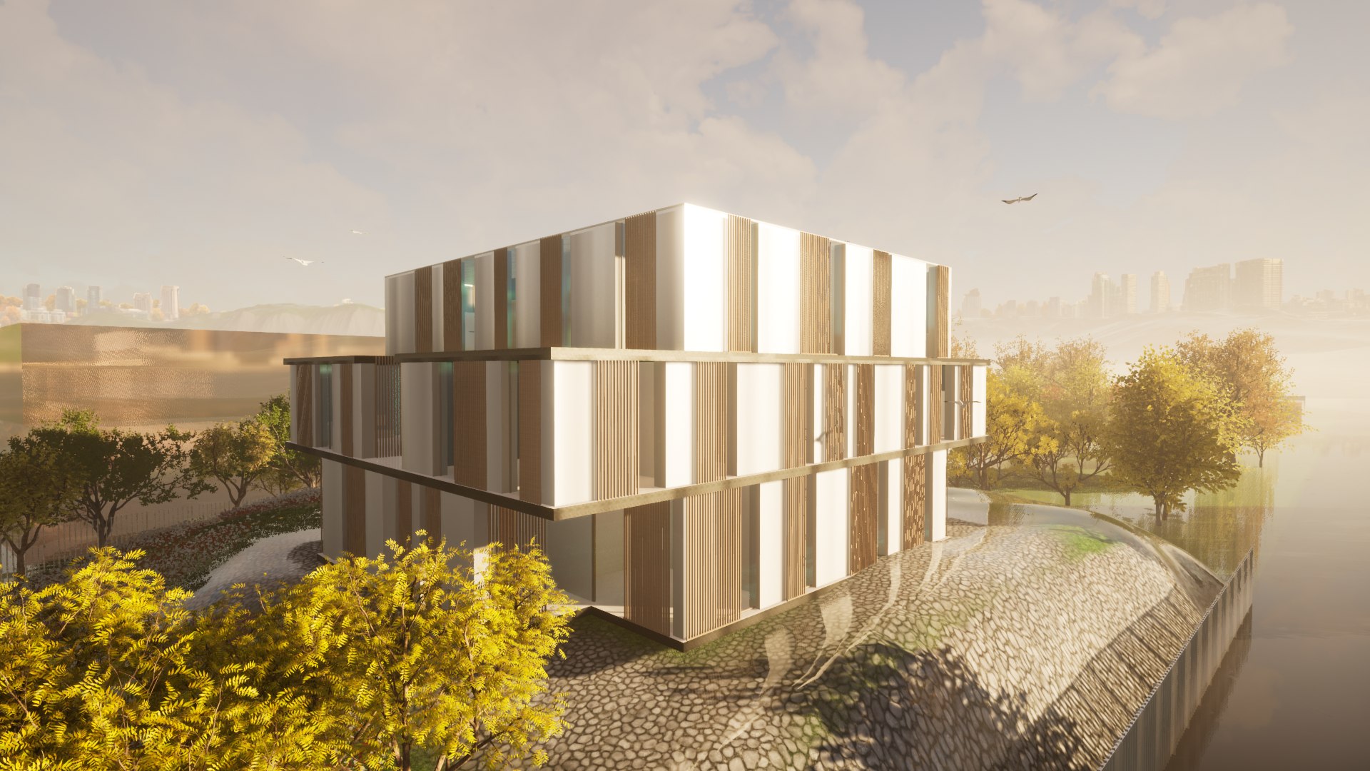 Riverside building render with wood-slat facade at golden hour
