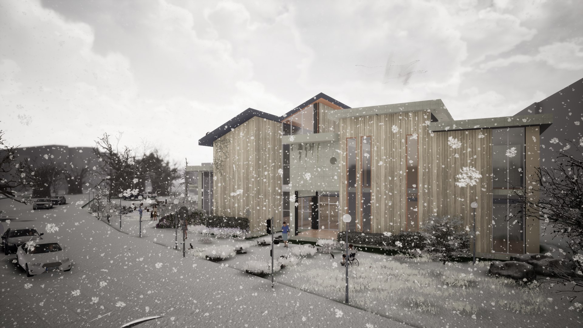 Modern house render entrance during heavy snowstorm