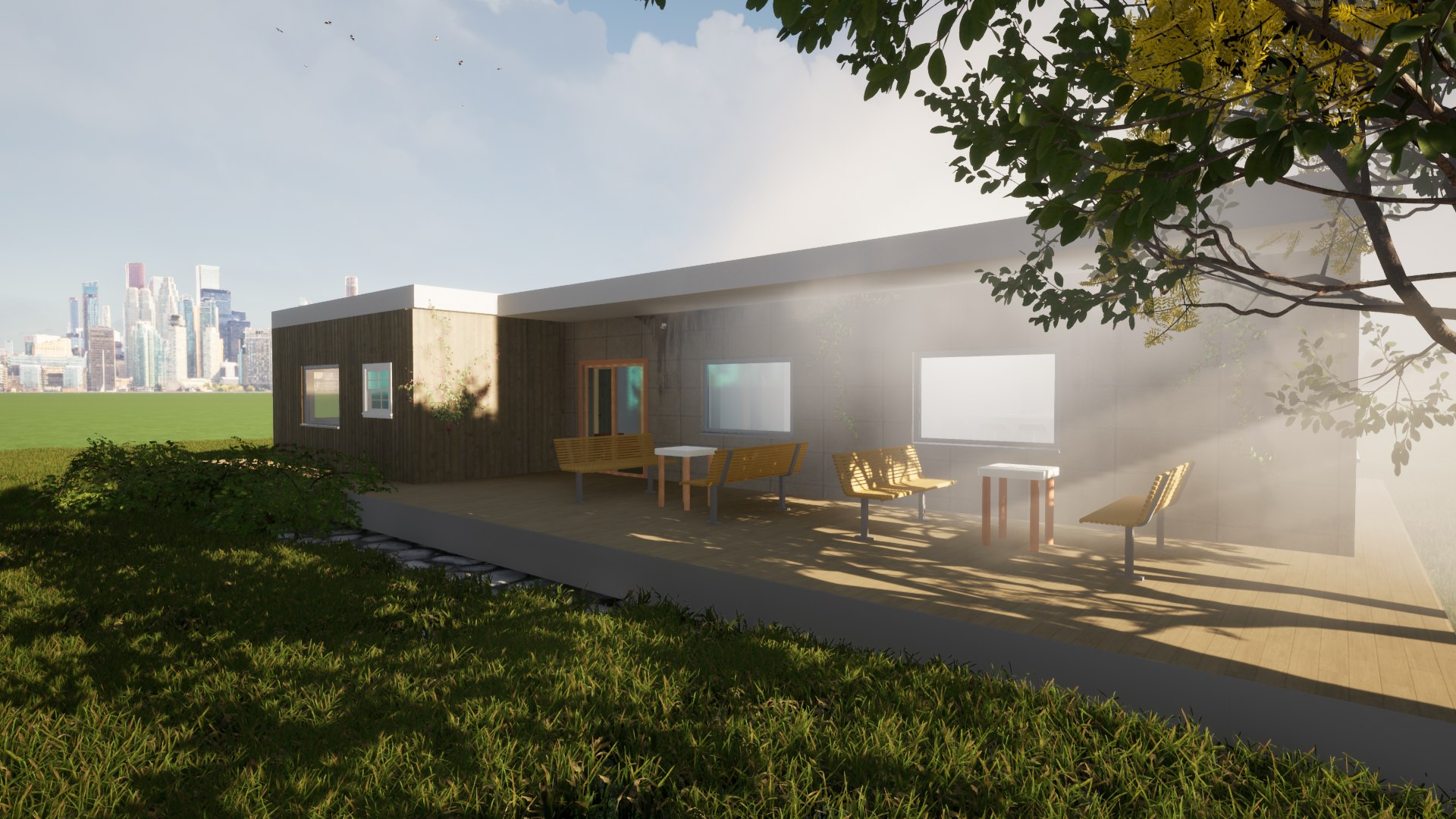 Terrace render with outdoor seating and city skyline backdrop