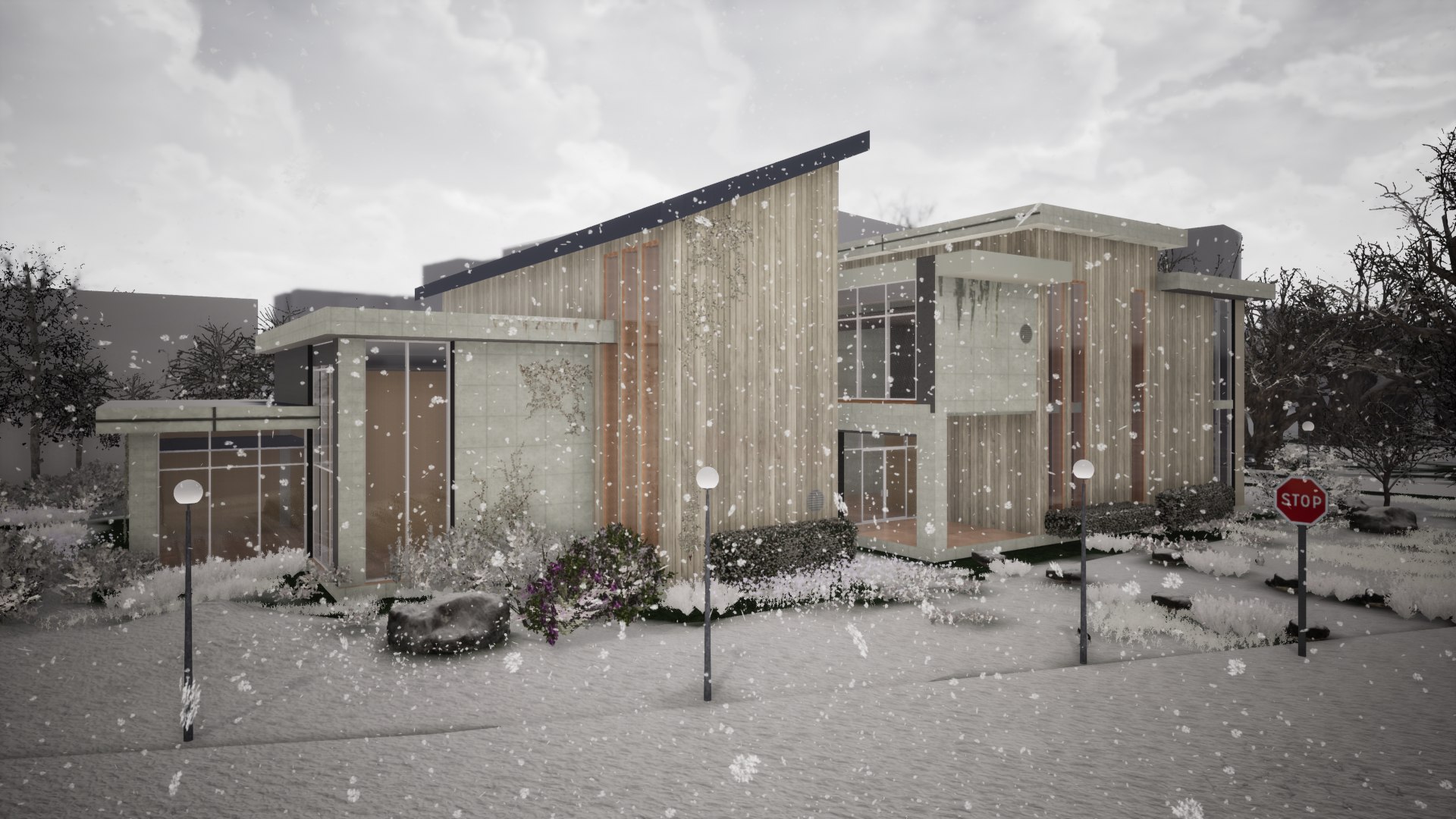 Modern timber-clad house render in winter snowfall