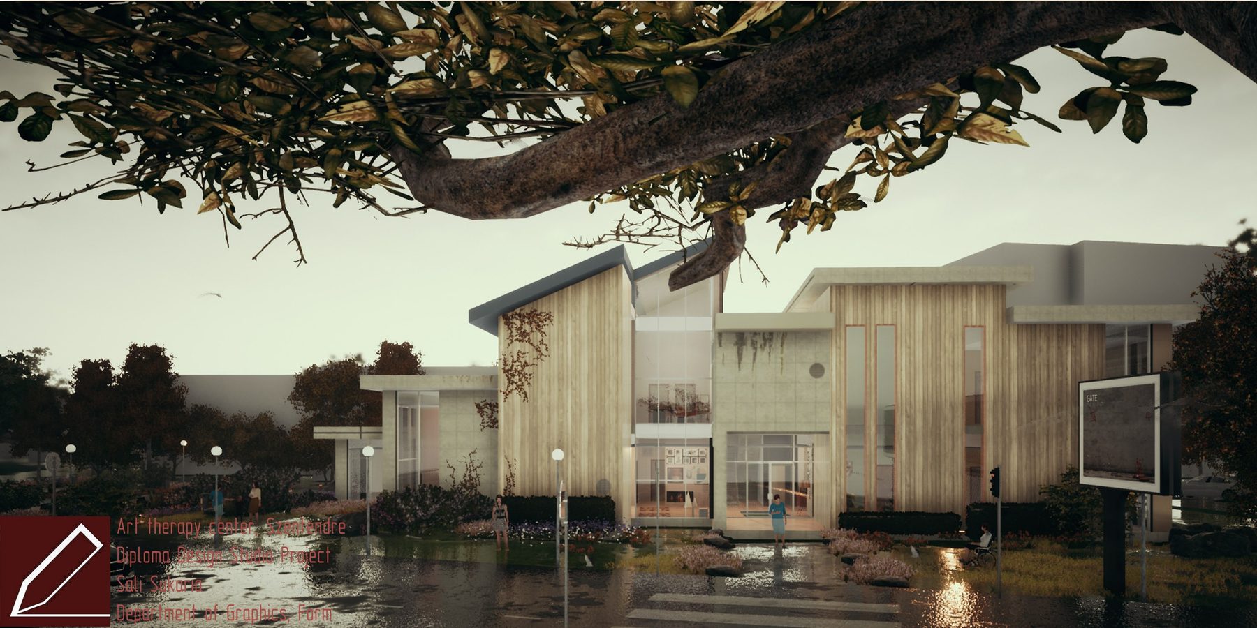 Art Therapy Center exterior render with tree foreground