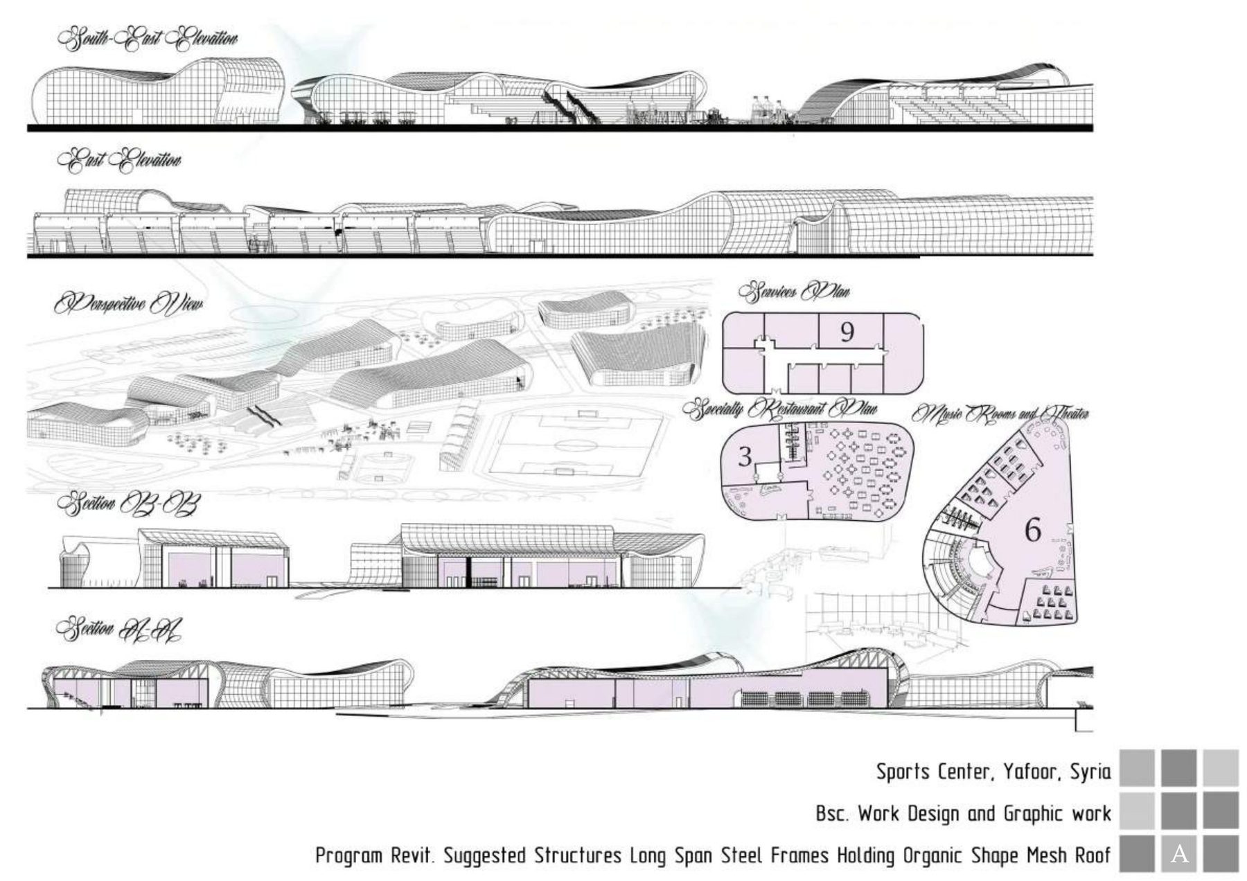 Sports Center elevations, sections and perspective view