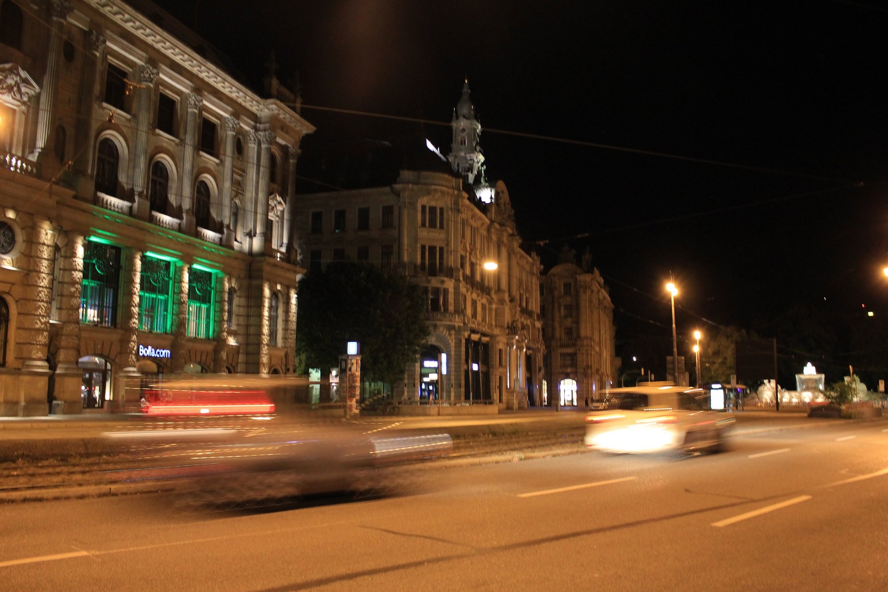 Munich street at night with light trails
