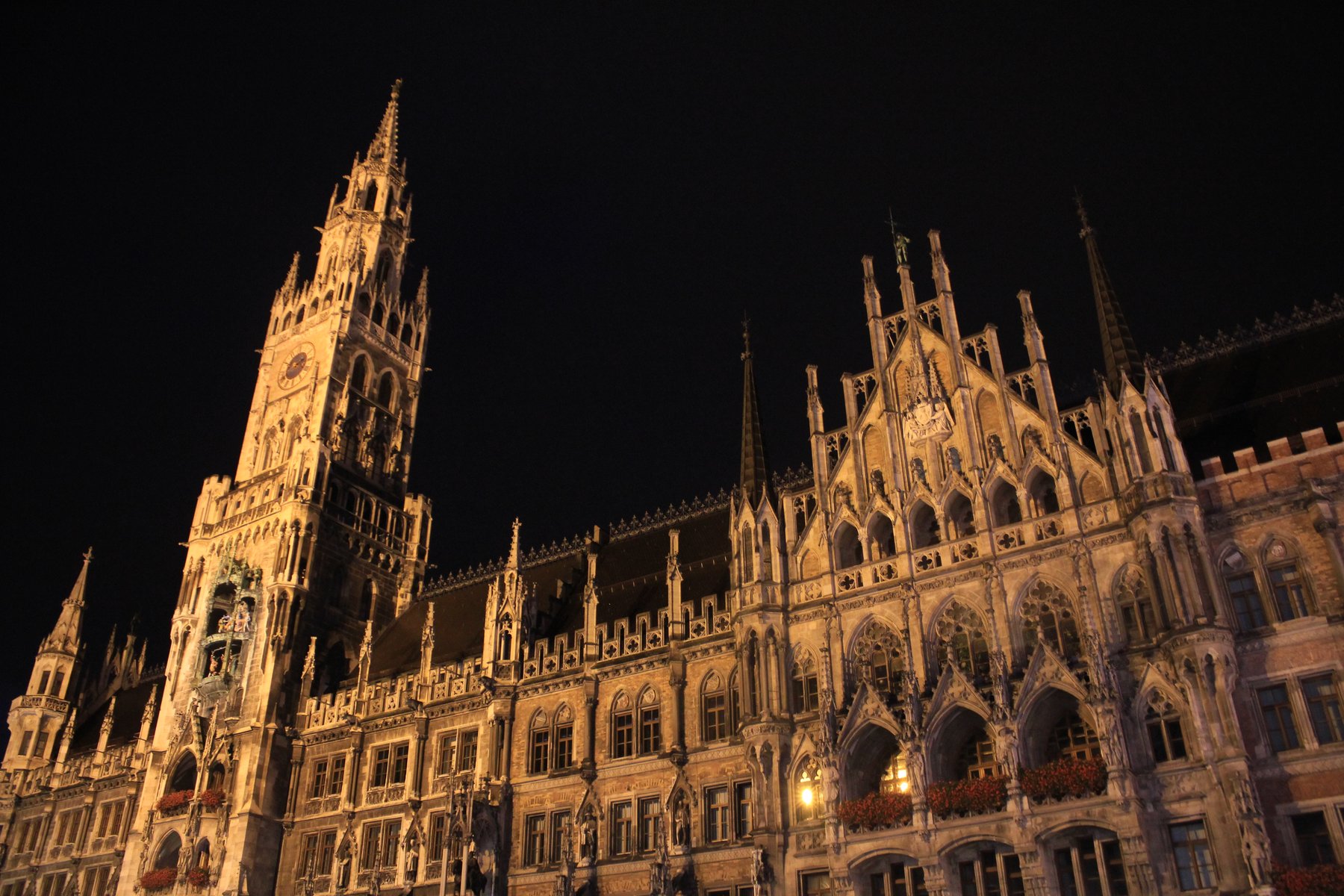 Munich Marienplatz town hall, close-up at night