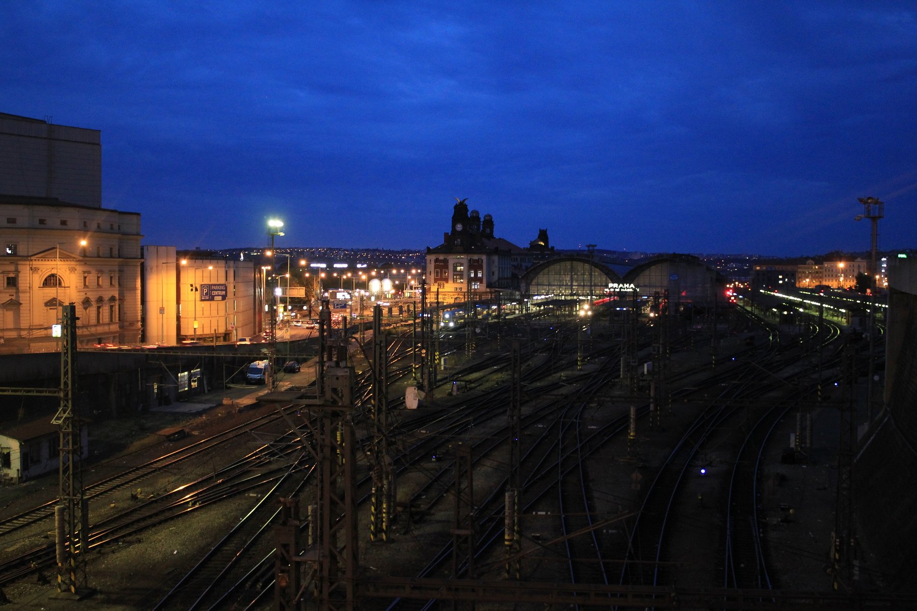 Prague train station at dusk, blue hour